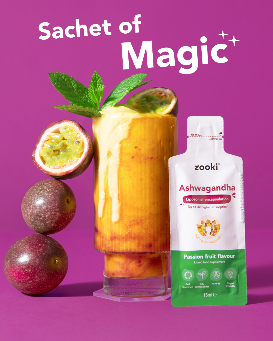 Zooki Ashwaganda 500mg Passion Fruit Flavour Liquid Sachets