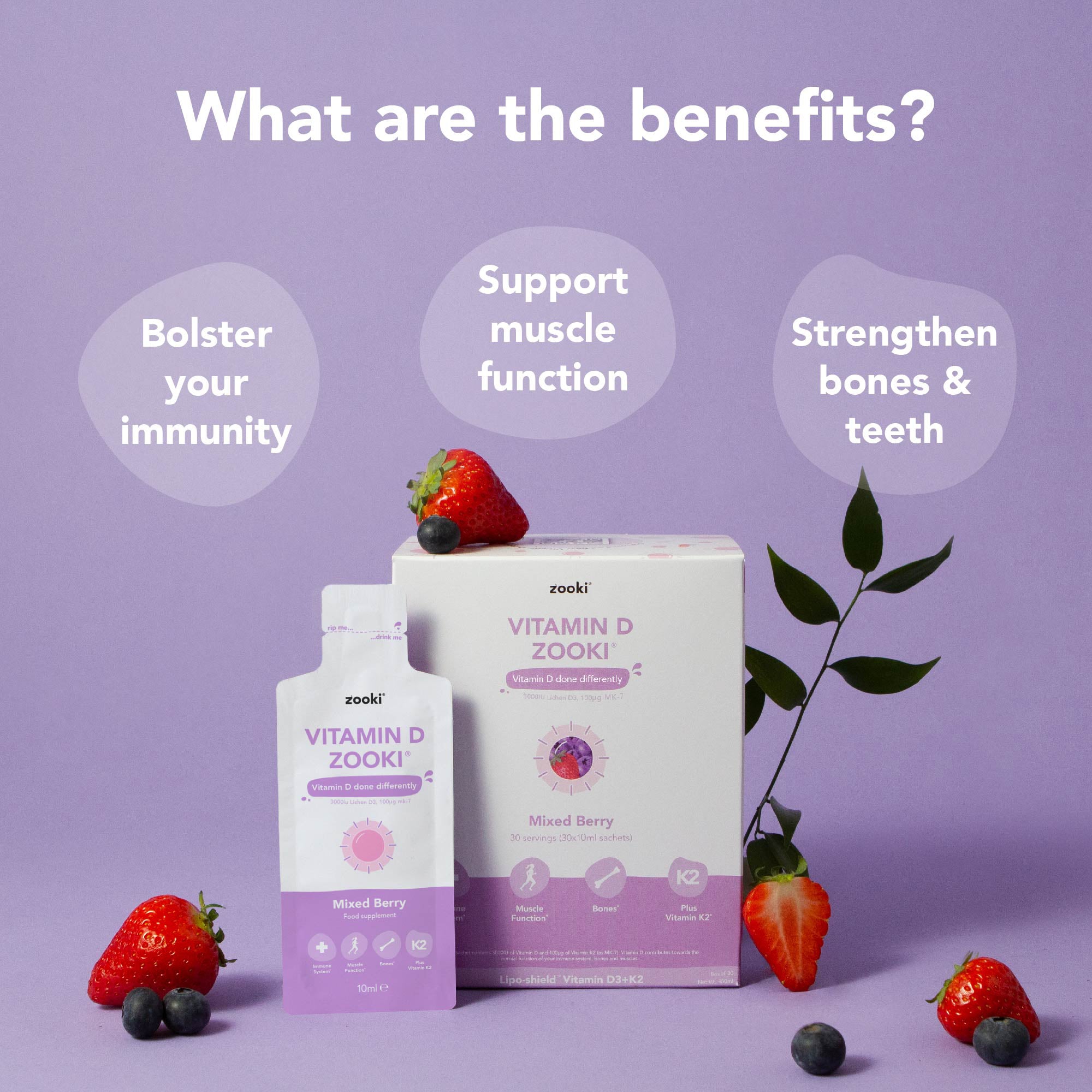 Zooki Vitamin D3 + K2 3000IU Mixed Berry Flavour Liquid Sachets