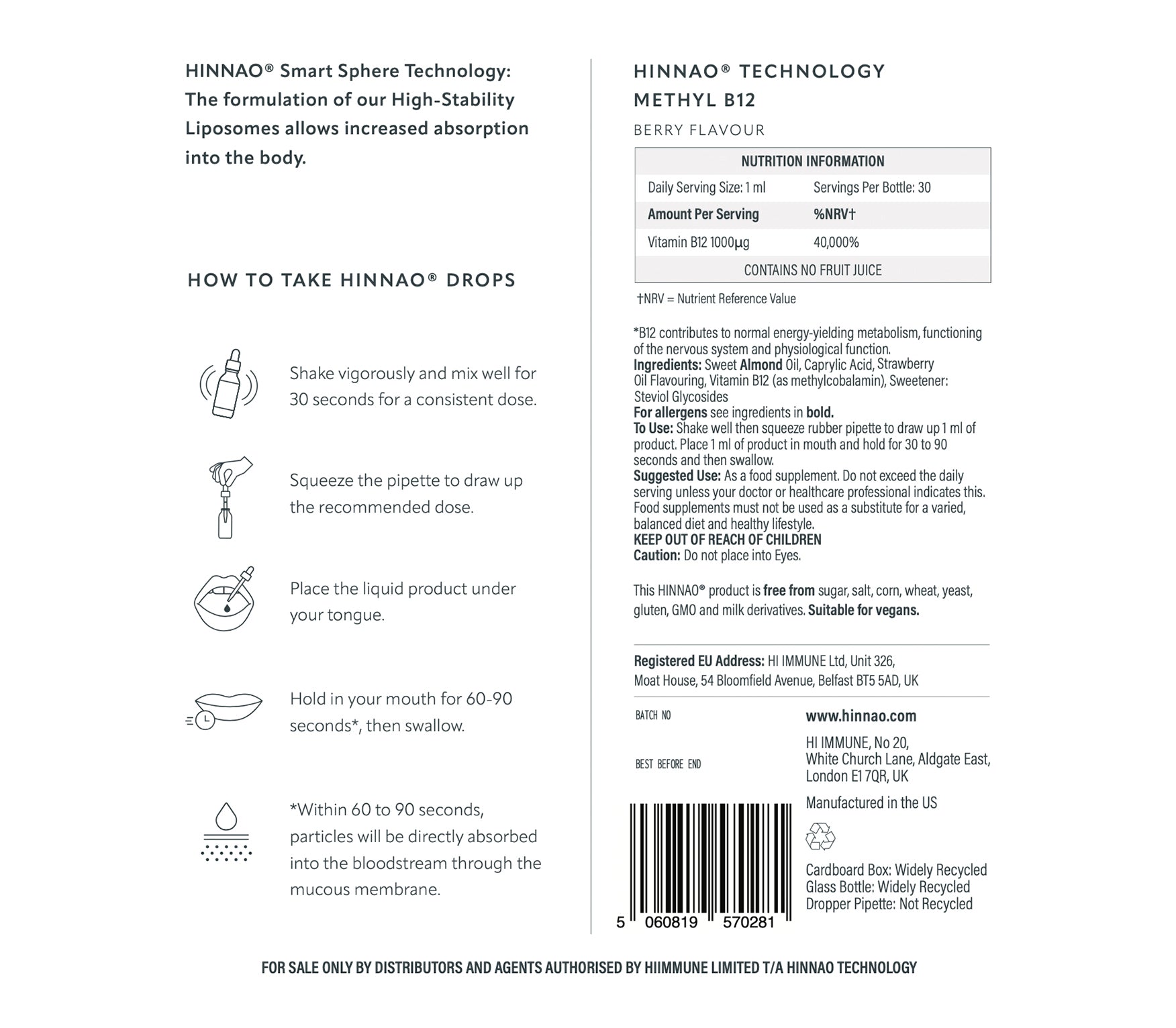 HINNAO Technology Methyl B12 1000mcg Liquid Drops 30ml