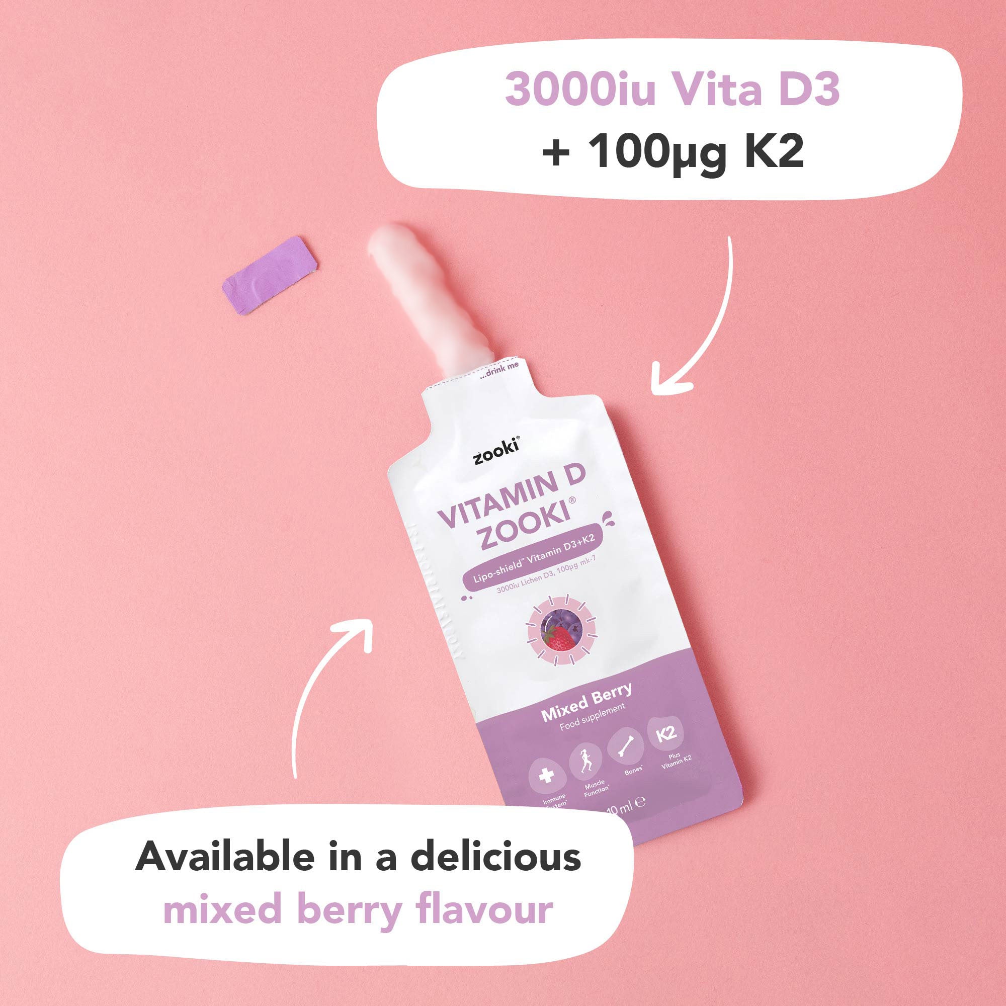 Zooki Vitamin D3 + K2 3000IU Mixed Berry Flavour Liquid Sachets